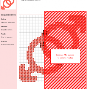 A cross-stitch pattern depicting a stylized interlocked male and female symbol, rendered in shades of coral on a white grid. The design is part of a larger pattern obscured by a red overlay.