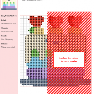 Cross-stitch pattern depicting a colorful cake, with a key and DMC/Anchor thread color chart.