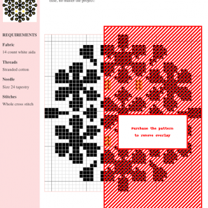 Cross stitch pattern design featuring a black and red floral motif on a white aida fabric background. The pattern includes clear instructions and DMC/Anchor thread color numbers.