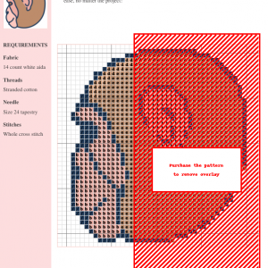 Cross stitch pattern of a cute monkey, featuring a detailed design with varied browns and dark blue stitches on white aida fabric.