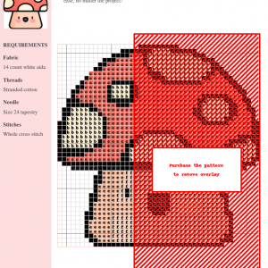 Cross stitch pattern chart of a cute mushroom, featuring red cap and cream stem, designed for 14 count aida fabric.
