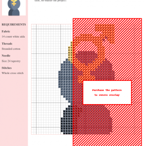Image of a cross stitch pattern featuring an abstract design in shades of gray, red, and orange. The pattern utilizes whole cross stitches.