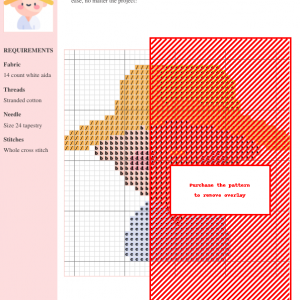 Cross stitch pattern featuring an abstract design in warm orange, peach, and grey tones on white aida fabric.