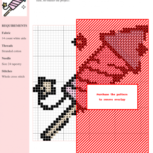 A cross-stitch pattern depicting stylized fireworks in shades of red, pink, and black on white aida fabric. The design is modern and vibrant.