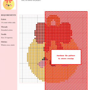 Cross stitch pattern chart for a charming bauble ornament, featuring red, peach, and yellow thread colors.