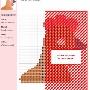Cross stitch pattern design of a hen in shades of red, orange, and brown. The pattern includes a key and instructions for stitching.