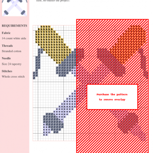Cross-stitch pattern design depicting a trekking pole, featuring a color palette of grey, beige, and orange on white aida fabric.