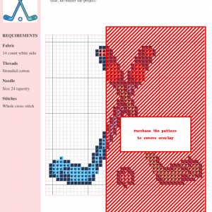 Cross stitch pattern depicting a golf club, featuring light blue, dark blue, and red threads on 14-count white aida fabric.