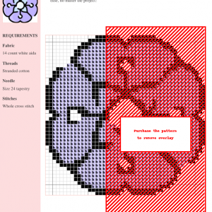 Cross-stitch pattern chart featuring a hydrangea flower in shades of purple and red. The design utilizes whole cross stitch and includes a key showing materials and stitch counts.