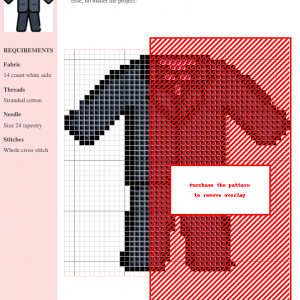 Cross stitch pattern of a tuxedo, featuring black and red thread colors on white aida fabric. The design is shown in a grid with color codes.
