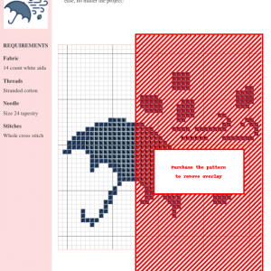 Cross stitch pattern showcasing a charming umbrella design, featuring dark blue stitching on white aida cloth. The pattern includes clear grid lines and DMC/Anchor thread color numbers.