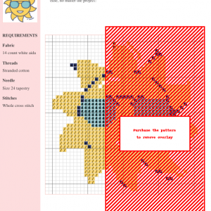 Cross stitch pattern of a sun with yellow and orange hues, designed for 14-count white Aida fabric using stranded cotton.