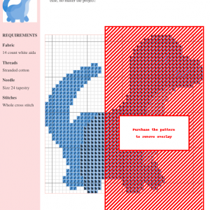 Cross stitch pattern featuring a charming blue andesaurus dinosaur. The design includes a color key and materials list.