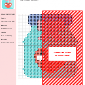 Cross stitch pattern of a cute jar with a heart, featuring a color chart and instructions. Uses shades of red, pink, blue, and teal.