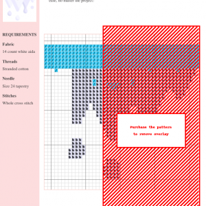 Cross-stitch pattern design depicting a stalactite shape in shades of red and blue on white aida cloth. The image shows a color chart and stitch guide.