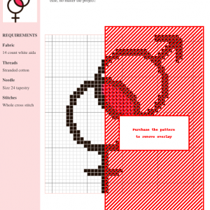 Cross-stitch pattern showcasing a stylized design of interlocking male and female gender symbols in black and red thread on white aida fabric.