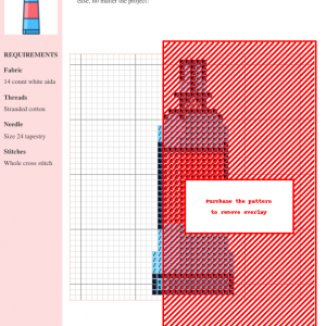 Cross-stitch pattern of an ointment tube, featuring red, blue, and white colors on 14-count white Aida fabric.