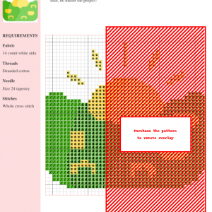 Cross-stitch pattern depicting a sunset landscape with green hills and a red and orange sky. The design includes a key and materials list.