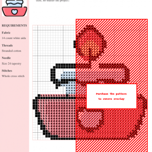 Cross stitch pattern of a cute candle design, featuring red, pink, and light blue colors on white aida fabric. DMC and Anchor thread color numbers are included.