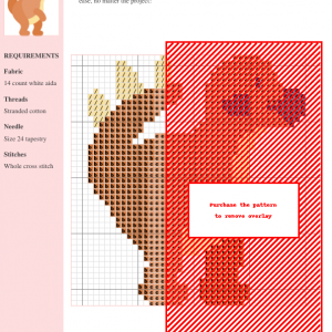 A cross-stitch pattern depicting a cute Psittacosaurus dinosaur in shades of brown and orange. The pattern includes a key and instructions.