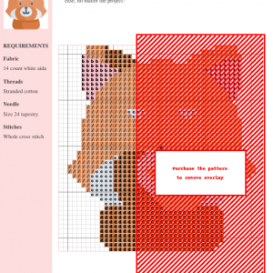 Cross stitch pattern featuring a charming red panda design. The pattern utilizes brown, tan, and white thread colors on 14-count white Aida fabric.