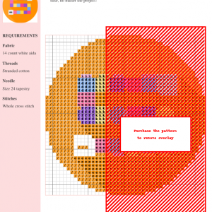 Cross-stitch pattern design depicting a board game theme, featuring vibrant orange, red, and purple accents on a white aida fabric.