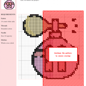 Cross-stitch pattern depicting a cute perfume bottle in shades of pink, red, and beige. Includes a key and materials list.