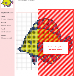 Cross stitch pattern featuring a colorful discus fish in yellow, orange, and red, designed for 14-count white Aida fabric.