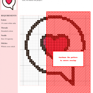 A cross-stitch pattern featuring a stylized floral design in shades of red and black on white aida cloth. The pattern includes a key and clear instructions.