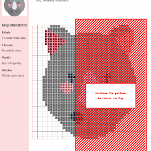Cross stitch pattern design of a cute rhino, featuring grey and pink accents on a white aida fabric. The design uses whole cross stitch.