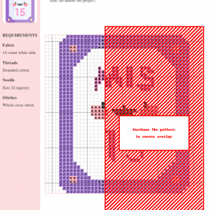 Cross stitch pattern design featuring a purple and pink card motif, suitable for crafting and needlework projects.