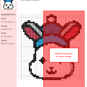 Cross stitch pattern of a cute rabbit featuring red, black, white, and blue thread colors. The design includes a chart and material requirements.