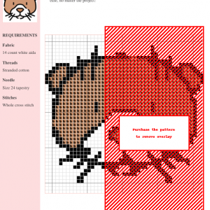 Cross stitch pattern of a cute otter, featuring brown and black threads on white aida fabric. The design includes a detailed otter illustration.