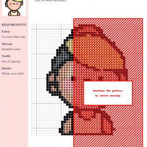Cross stitch pattern featuring an adorable cartoon character, primarily in shades of red, orange, and black. The design includes clear grid lines and stitch symbols.