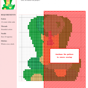 Cross stitch pattern depicting a cobra snake in shades of green, orange, and red. The design is shown on a grid with color key.