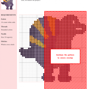 Cross-stitch pattern of an Ouranosaurus dinosaur, featuring shades of purple, orange, and red on white aida cloth.