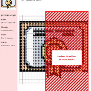 Cross stitch pattern design depicting a certificate, featuring warm colors and detailed stitching instructions. The image shows a partially obscured design with an overlay indicating purchase for full access.