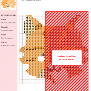 Cross-stitch pattern of a Maine Coon cat, featuring orange and cream colored threads on white aida fabric. Detailed key included.