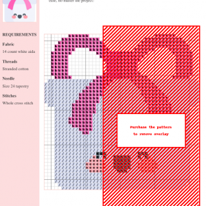 Cross-stitch pattern design of a gift box in pink and white; a digital image showing the pattern chart and materials list.