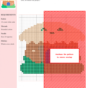 Cross stitch pattern showcasing a geometric design with teal, brown, and red threads on 14-count white aida fabric.