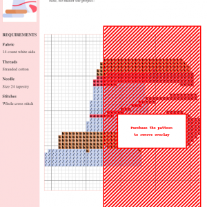 Cross stitch pattern chart showcasing a modern design with red, orange, brown, and pastel blue threads. The design includes a unique layered element.