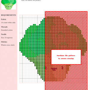 Cross stitch pattern design of a broccoli floret in green and brown tones. The design includes a grid and color key.