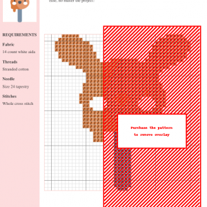 Cross stitch pattern design of a cute bunny, featuring brown and red threads on white 14-count aida fabric. Clear instructions and DMC/Anchor thread color numbers are included.