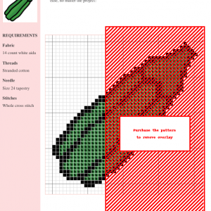 A cross-stitch pattern featuring a whimsical zucchini design in shades of green and brown, with a red overlay indicating a purchase is required to view the full pattern.