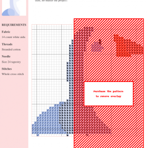 Image shows a cross-stitch pattern featuring a charming goose, incorporating red and blue threads on white aida fabric. A portion of the design is obscured by an overlay.