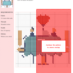 Cross stitch pattern design depicting a cozy dining scene with a table, chairs, and hearts, featuring muted colors and a whole cross stitch technique.