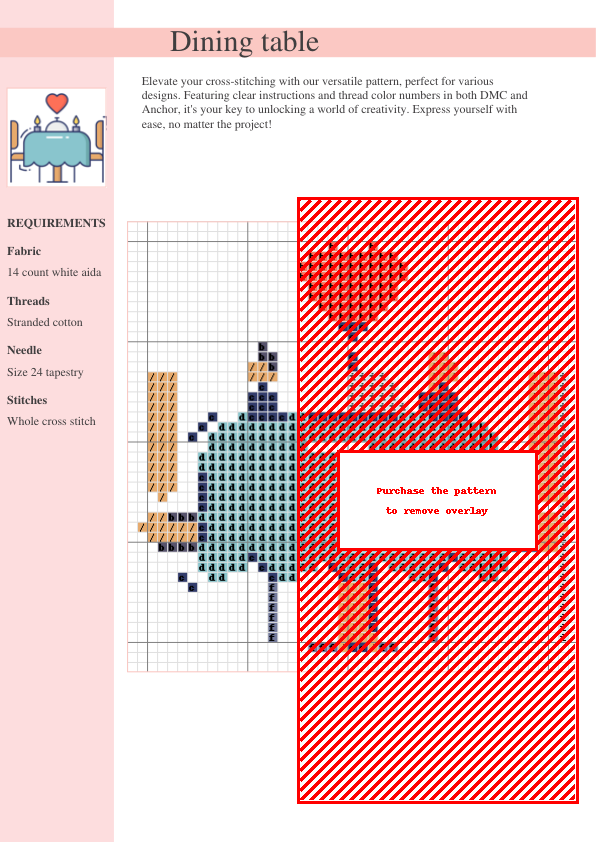 Cross stitch pattern design depicting a cozy dining scene with a table, chairs, and hearts, featuring muted colors and a whole cross stitch technique.