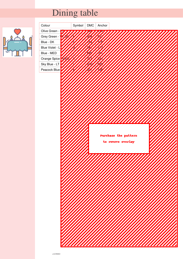 Cross stitch pattern design featuring a diagonal red and white striped pattern, representing a dining table setting. DMC and Anchor floss color codes are listed.