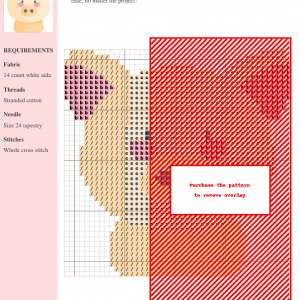 Cross stitch pattern design featuring a cute pig, using beige, pink, and black threads on white aida fabric.