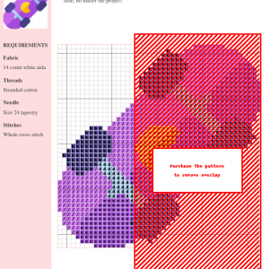 Cross-stitch pattern featuring a colorful skateboard design, using purple, pink, and red shades on white aida cloth.